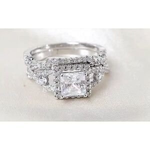 NEW‎ White Gold Plated Sterling Silver Simulated Diamond Bridal Set, Size 6